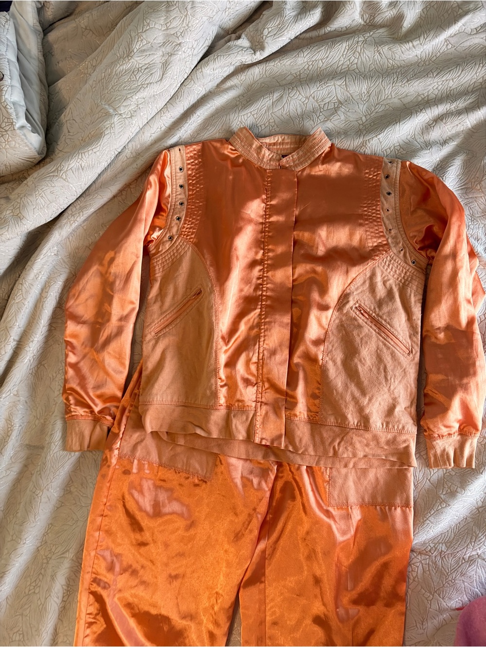 Suzanne Somers Orange Satin Track Jacket and Pants Set